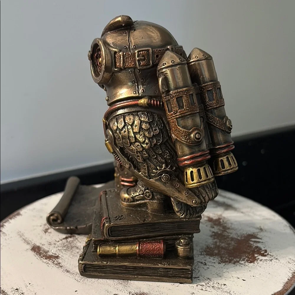 Steampunk Owl Cell Phone Pen Desk Statue Figurine Bronze Aviator Space Halloween